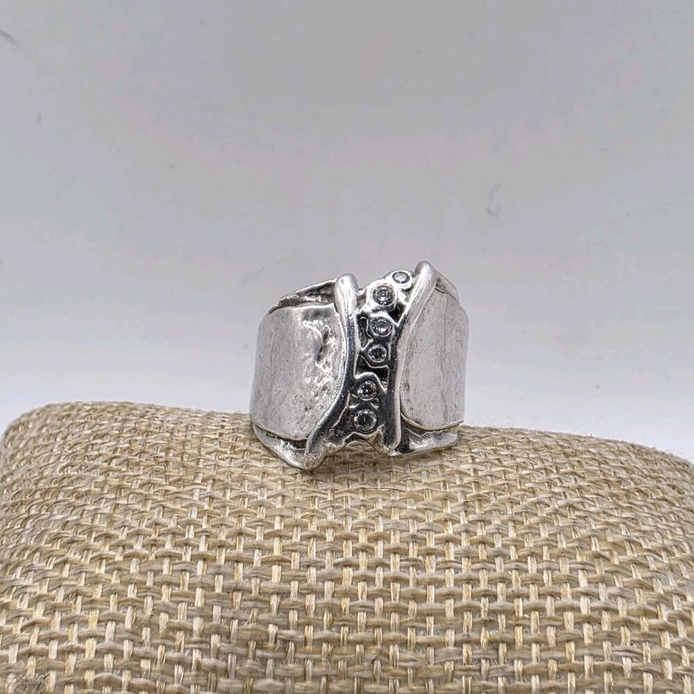 Silpada 925 Sterling Silver 6 CZ Hammered Wide Band Ring Size 9 R1441